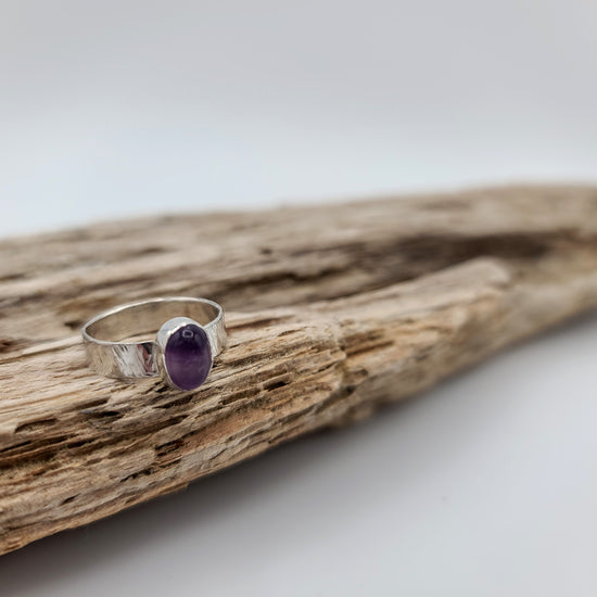 Sterling silver and fluorite cabochon ring with textured sterling silver band