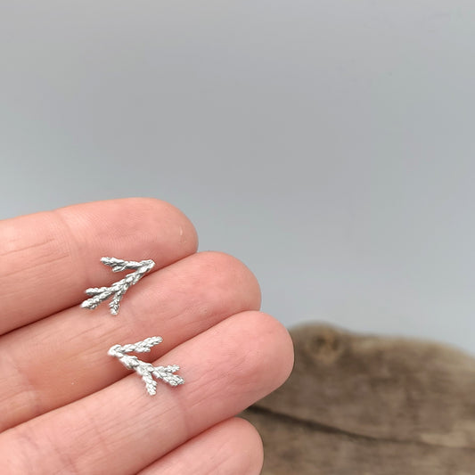 Sterling silver cedar sprig earrings studs